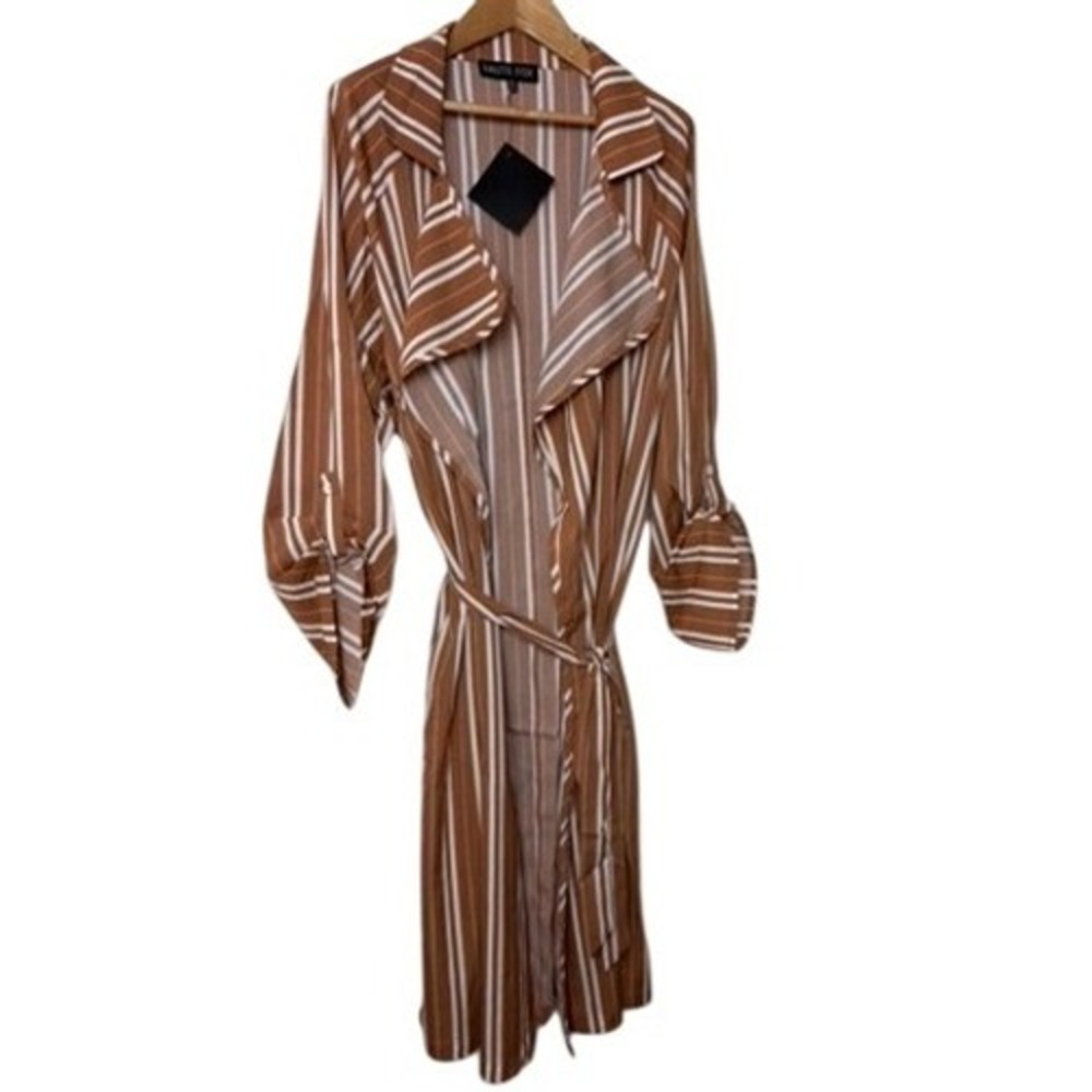 Haute‎ Fox Striped Duster Trench Coat Rust White Tie Waist Long Jacket NWT S